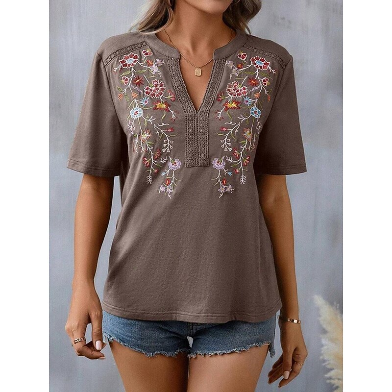 Women's Lace Shirt T Shirt Floral Fashion Modern Half Sleeve V Neck Regular Tops Vacation Daily Lace Patchwork Embroidered Black Army Green Navy Blue Purple Brown Summer3