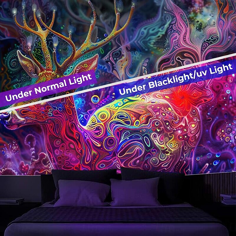 Blacklight Tapestry UV Reactive Glow in the Dark Glow Party Neon Deer Animals Psychedelic Trippy Misty Hanging Tapestry Wall Art Mural for Living3