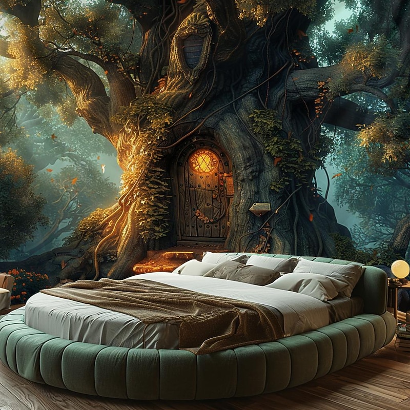 Fantasy Dream Tree House Hanging Tapestry Wall Art Large Tapestry Mural Decor Photograph Backdrop Blanket Curtain Home Bedroom Living Room Decoration 13