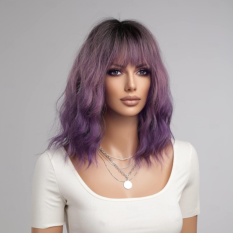 Grey Green Pink Blonde Purple Wig for Women Ombre Purple Bob Wig Mardi Gras Wigs Short Curly Wavy Black to Purple Wig with Bangs Synthetic Heat Resistant3