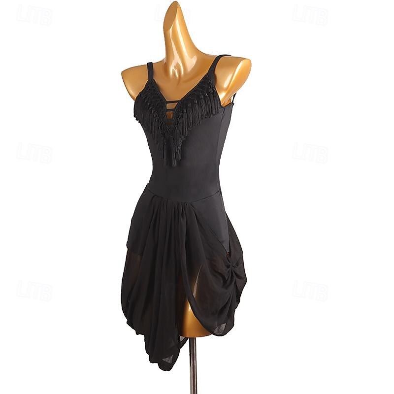 Latin Dance Dress Tassel Pure Color Splicing Women's Performance Training Sleeveless Chinlon Spandex3