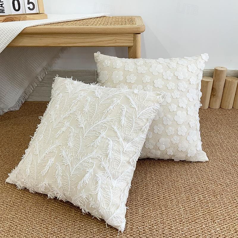 Linen and Cotton Pillow Cover French Lace Embroidered Pillow Case Embossed Butterfly Feather Sofa Cushion 1PC3