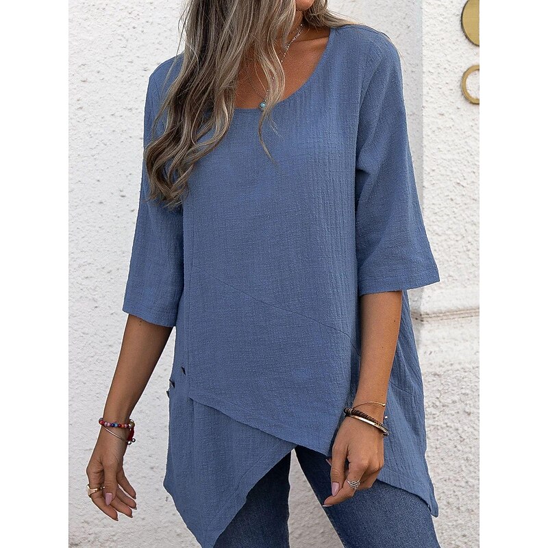 Shirt Blouse Cotton Linen Shirts Women's Blue Green Gray Plain Asymetric Hem Street Daily Fashion Round Neck Regular Fit S