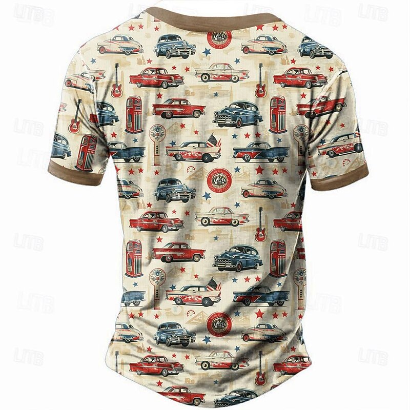 Carefree Interlude X Joshua Jo Men's Vintage Car 3D Printed Vacation Short Sleeve Button Henley Shirt Tee2
