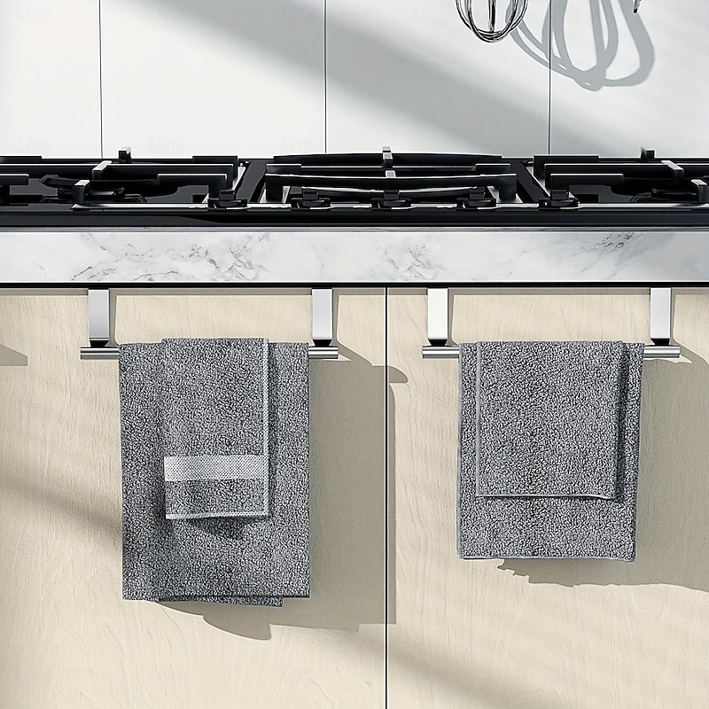 2pcs Stainless Steel No-Drill Over-the-Door Towel Rack: Perfect for Kitchen Cabinet Doors, Back of Doors, Ideal for Hanging Dishcloths, Towels, providing Convenient Storage and Organization3