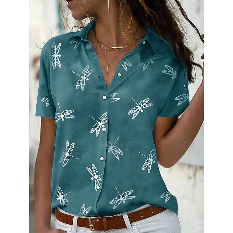 Women's Casual Shirt Short Sleeve Dragonfly Print Lapel Collar Button-Up Dusty Pink Relaxed Fit Spring Summer Fashion Top Everyday Wear Sizes S-XL2