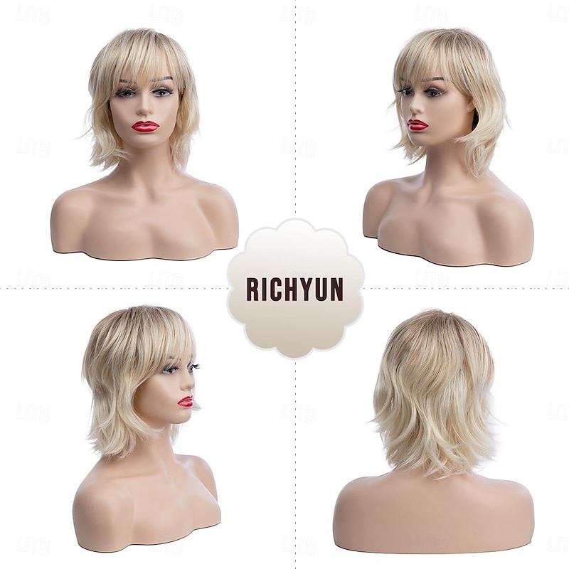 Womens Short Blonde Wig Short Ash Blonde Bob Wavy Wig with Bangs Synthetic Hair Cosplay Wig for Women Girls 9 inch3