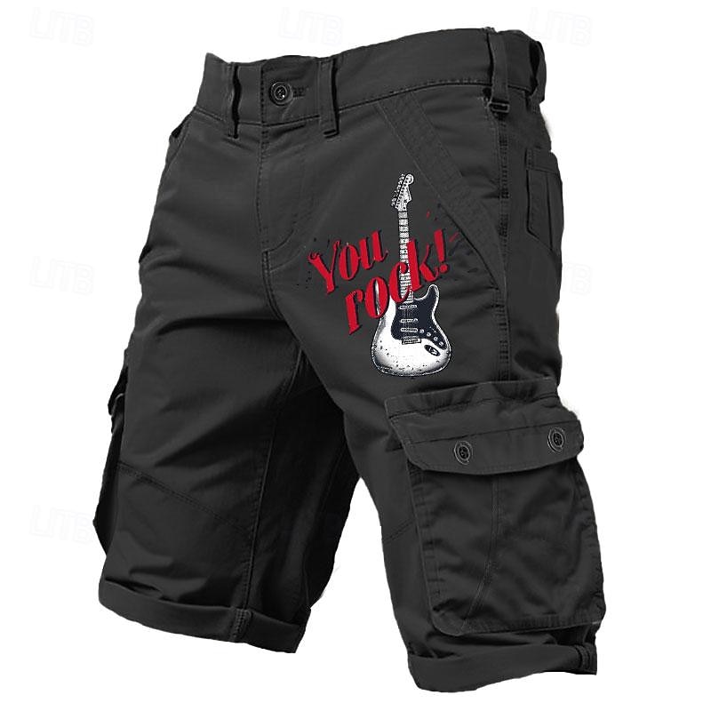 Men's Cargo Shorts with 'You Rock!' Guitar Graphic Print, Casual Summer Beach Streetwear