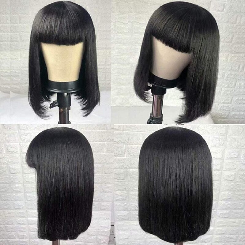 Remy Human Hair Wig Short Straight Silky Straight Bob Short Bob Neat Bang With Bangs Natural Color Soft Easy dressing Best Quality Machine Made Brazilian Hair Women's Black 10 inch 12 inch 14 inch3