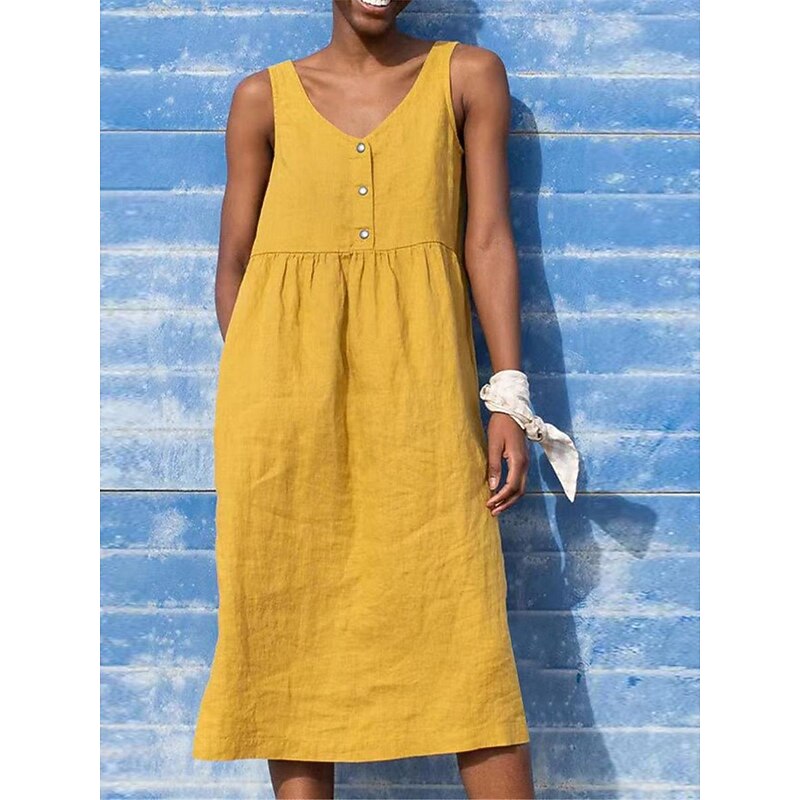 Women's Black Yellow Light Green Summer Spring Midi Dress Cotton Linen Dresses Tank Dress Cotton Summer Dress Casual Vacation Daily Loose Fit Plain V Neck4