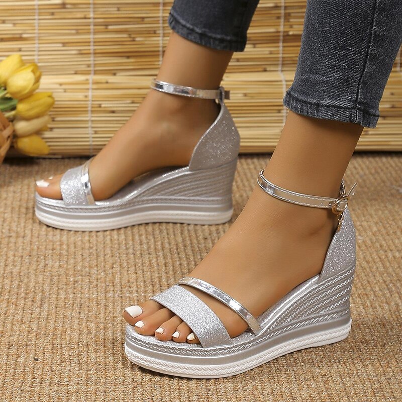 Women's Silver Glitter Wedge Sandals with Ankle Strap – Stylish Platform Heels for Summer, Casual, and Evening Wear - Main Image