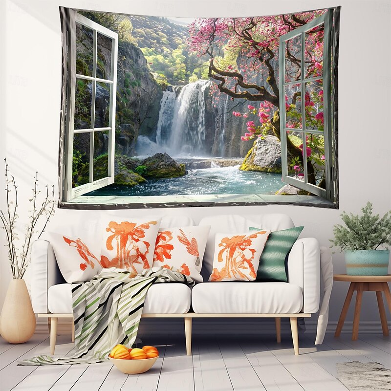 Waterfall Window View Hanging Tapestry Wall Art Large Tapestry Mural Decor Photograph Backdrop Blanket Curtain Home Bedroom Living Room Decoration Cottagecore2