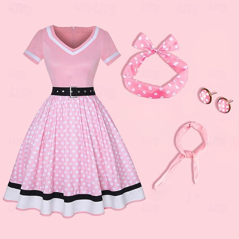 1950s Vintage Inspired Grease Outfits Flare Dress Fancy Dress Women's Date Party & Evening Bachelorette Party Silk Scarf Dress Earrings All Seasons
