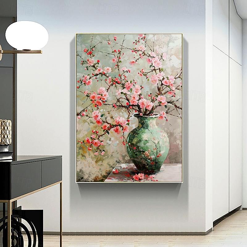 Pure Hand-painted Oil Painting Peach Blossom Floor-standing Sofa Background Wall Decoration Painting Plant Flowers High-end Porch Painting (No Frame)