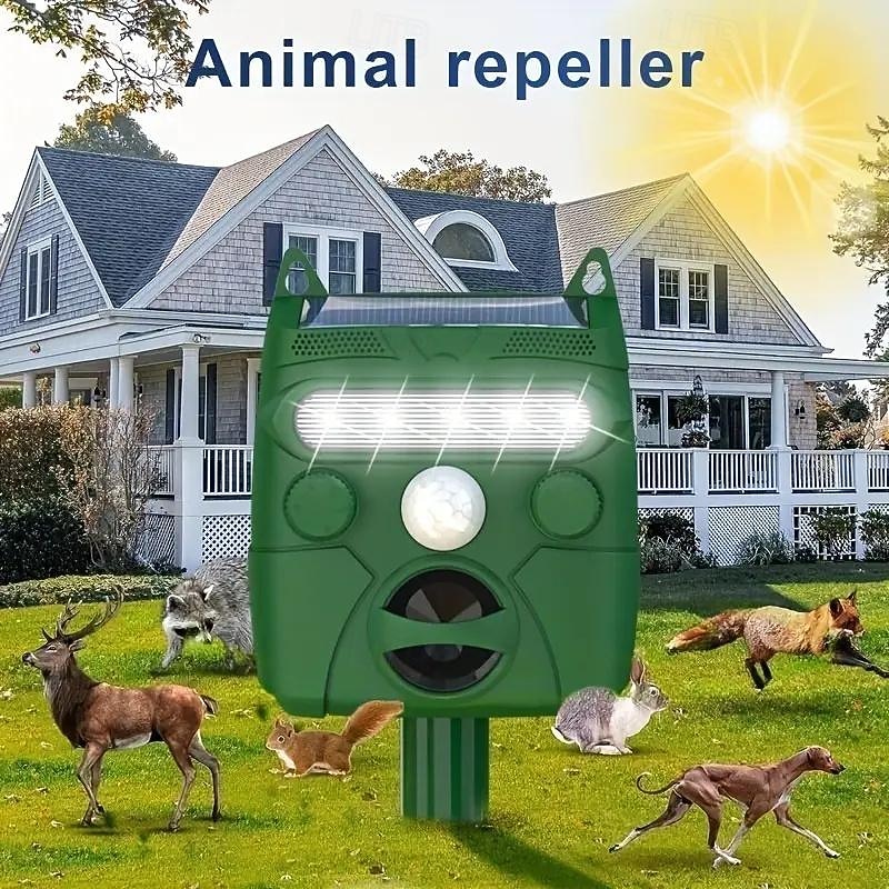Solar powered animal repeller with 5 operating modes sensitivity adjustment button and LED flash to repel animals. Note Not suitable for repelling large animals.