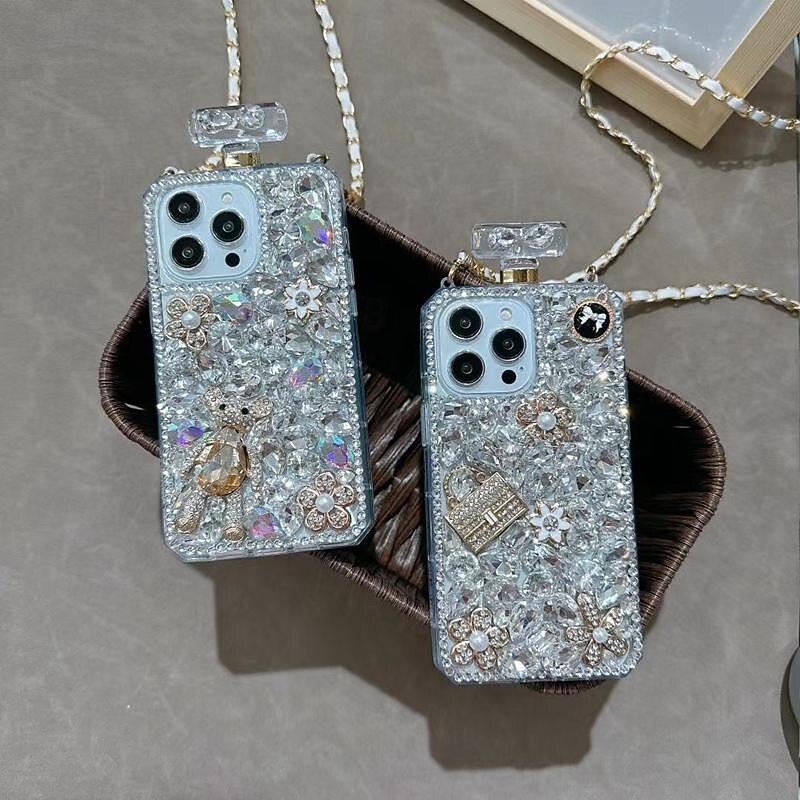 Phone Case For iPhone 16 15 14 Pro Max Plus 13 12 11 Pro Max Mini Back Cover with Lanyard Non-Yellowing Bling Glitter Shiny Flower Floral TPU Rhinestone2