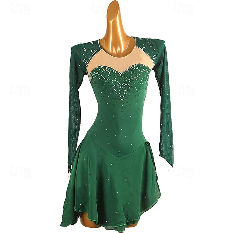 Figure Skating Dress Women's Girls' Ice Skating Dress Dark Green Patchwork Open Back Mesh High Elasticity Training Competition Skating Wear Classic Crystal / Rhinestone Long Sleeve Ice Skating Figure