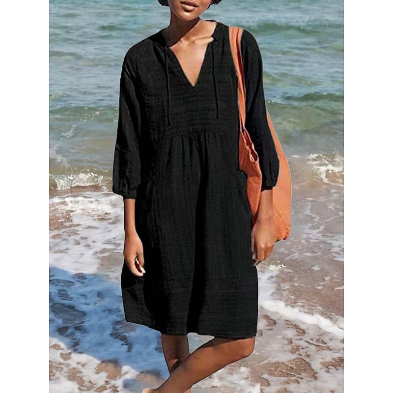 Women's Black Blue Green Summer Spring Midi Dress Cotton Linen Dresses Cotton Summer Dress Casual Vacation Daily Loose Fit Plain V Neck4