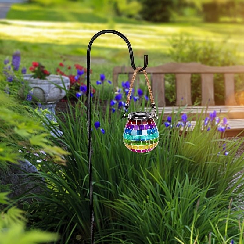 1pc Mosaic Solar Mason Can Light Outdoor Waterproof Glass Art Projection Hanging Lantern Desktop Decoration2