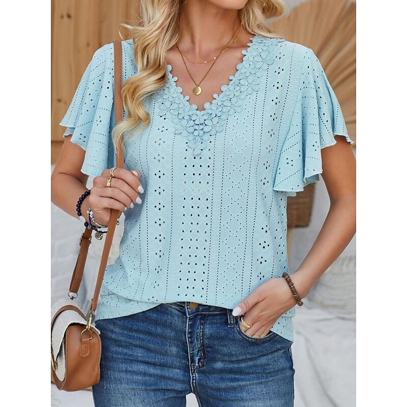 Women's White Elegant Lace Tops Eyelet Blouse Short Sleeve Flutter Sleeve Crew Neck Lace Form Fit Romantic Petite Tops Summer Holiday Wear Black White Pink Blue Summer