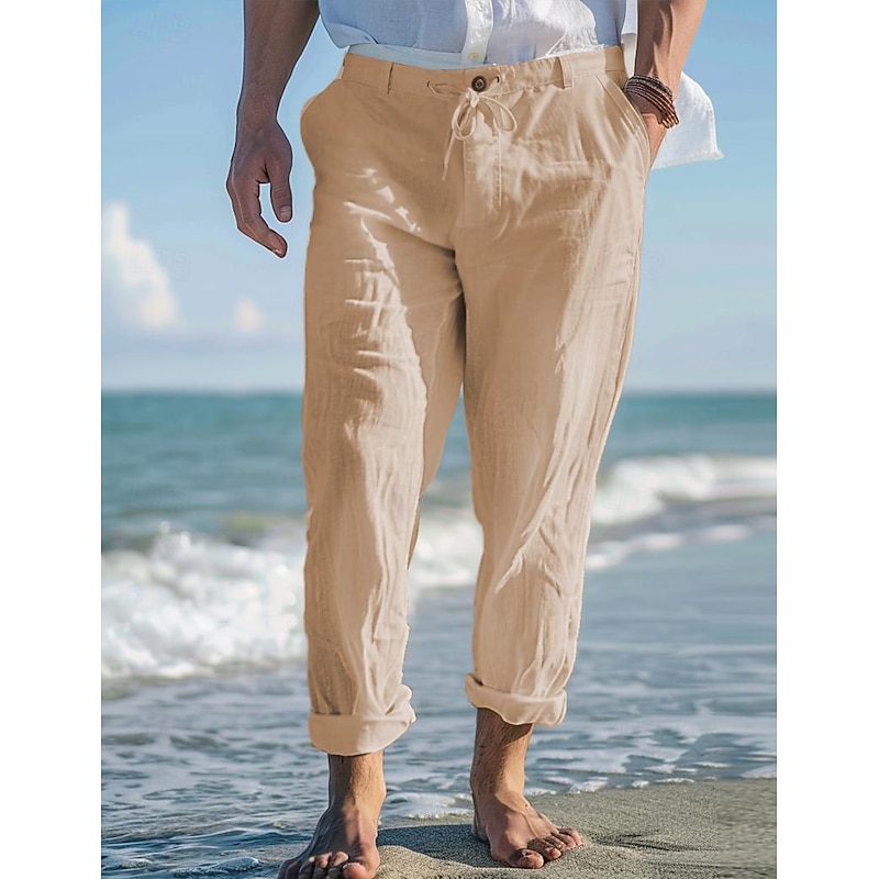 Men's Linen Pants Trousers Summer Pants Beach Pants Front Pocket Straight Leg Plain Comfort Breathable Casual Daily Holiday Fashion Basic White Sky Blue2