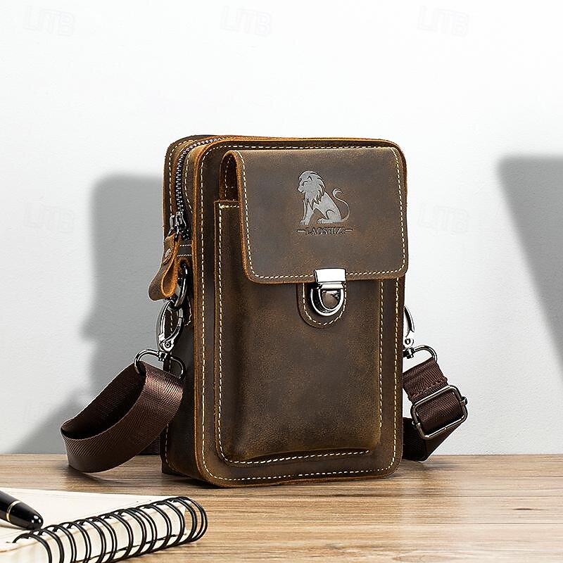 Men's Crossbody Bag Belt Bag Cowhide Outdoor Zipper Durable Solid Color Brown2