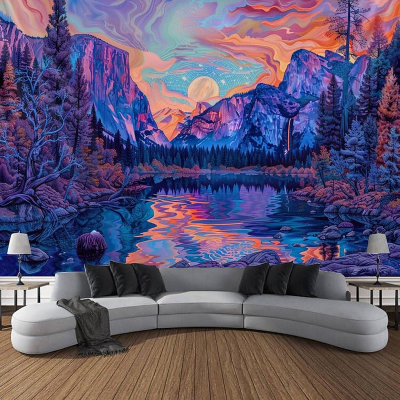 Blacklight Tapestry UV Reactive Glow in the Dark Glow Party Neon Desert Trip Psychedelic Trippy Misty Hanging Tapestry Wall Art Mural for Living 9