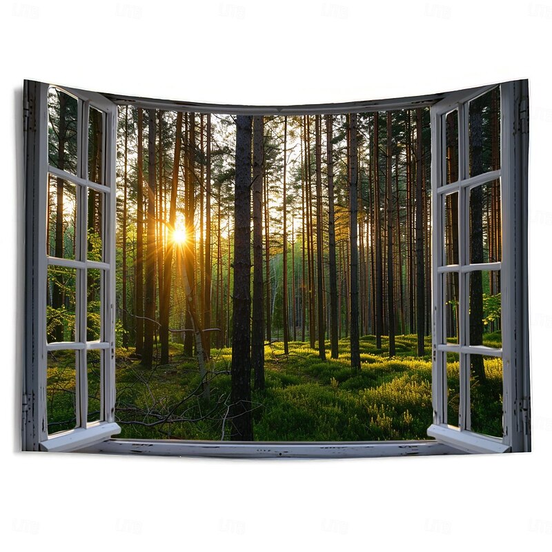 Window Forest View Hanging Tapestry Wall Art Large Tapestry Mural Decor Photograph Backdrop Blanket Curtain Home Bedroom Living Room Decoration3