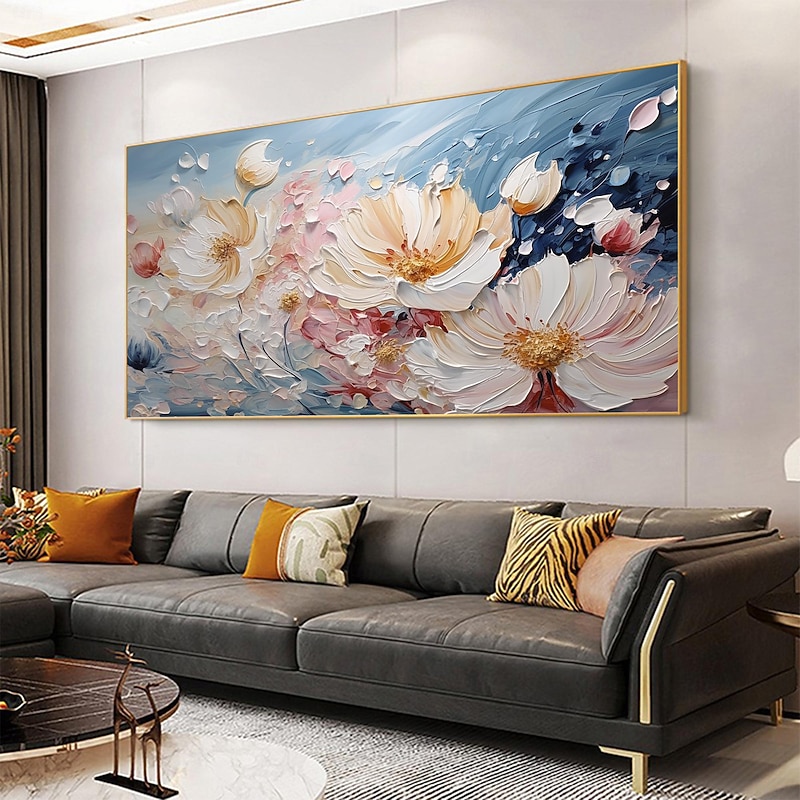 Handmade Original White Flower Oil Painting On Canvas Pink Blossom Wall Art Decor Thick texture Painting for Home Decor With Stretched Frame/Without Inner Frame Painting4