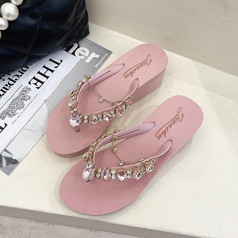 Women's Pink Rhinestone-Embellished Wedge Flip-Flops - Stylish Beach Sandals for Summer and Casual Wear2