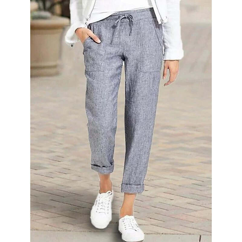 Women's Pants Trousers Casual Daily Long Plain Drawstring Side Pockets Breathability Comfortable Inelastic Going out Weekend Black Blue Gray Spring & Summer Regular Fit2