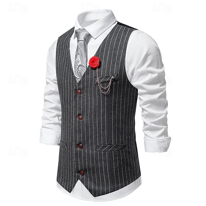Men's Vest Gilet Daily Wear Vacation Going out Vintage Fashion Spring &  Fall Button Polyester Comfortable Plain Single Breasted V Neck Regular Fit Black Dark Gray Vest4
