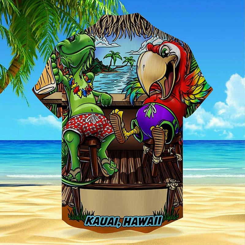 Men's Floral Dinosaur Parrot Shirt Summer Hawaiian Shirt Aloha Shirt Short Sleeve Shirt Turndown Vacation Hawaiian Outdoor Vacation Hawaiian Brown Green khaki S M L2