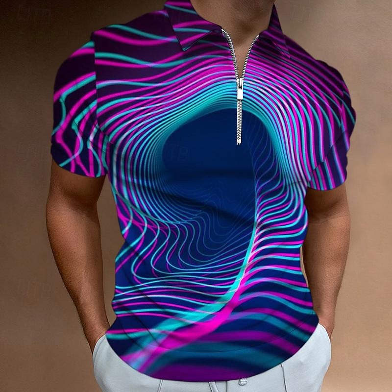 Men's Graphic Neon Zip Polo Shirts Golf Shirt Short Sleeve Polo Shirts Collared Shirts Casual Vacation Wear Rave Wear Party Outfits 3D Print Quarter Zip Polo Summer Spring Black Blue Purple