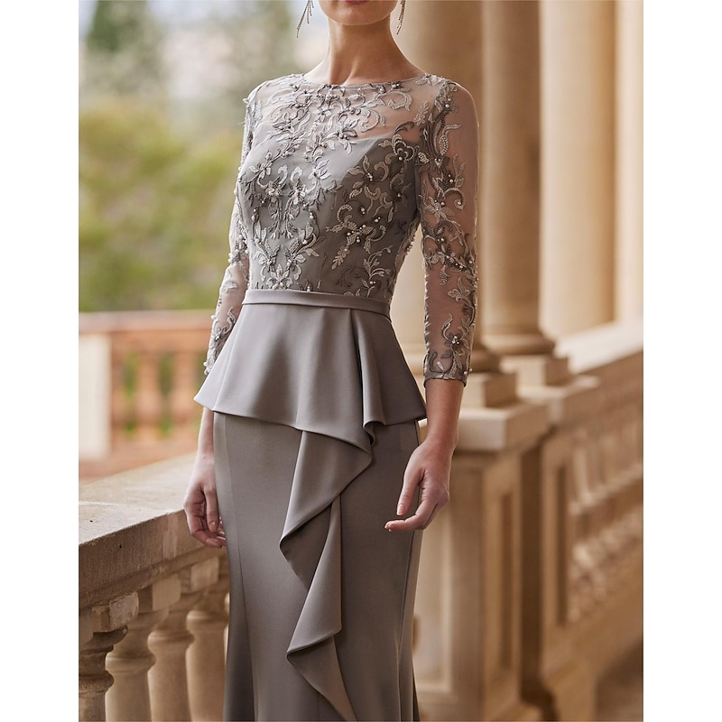 Mermaid Mother of the Bride Dress Elegant Vintage Party Illusion Neck Jewel Neck Floor Length Lace Stretch Fabric 3/4 Length Sleeve Half Sleeve with Sash / Ribbon Ruched Beading2
