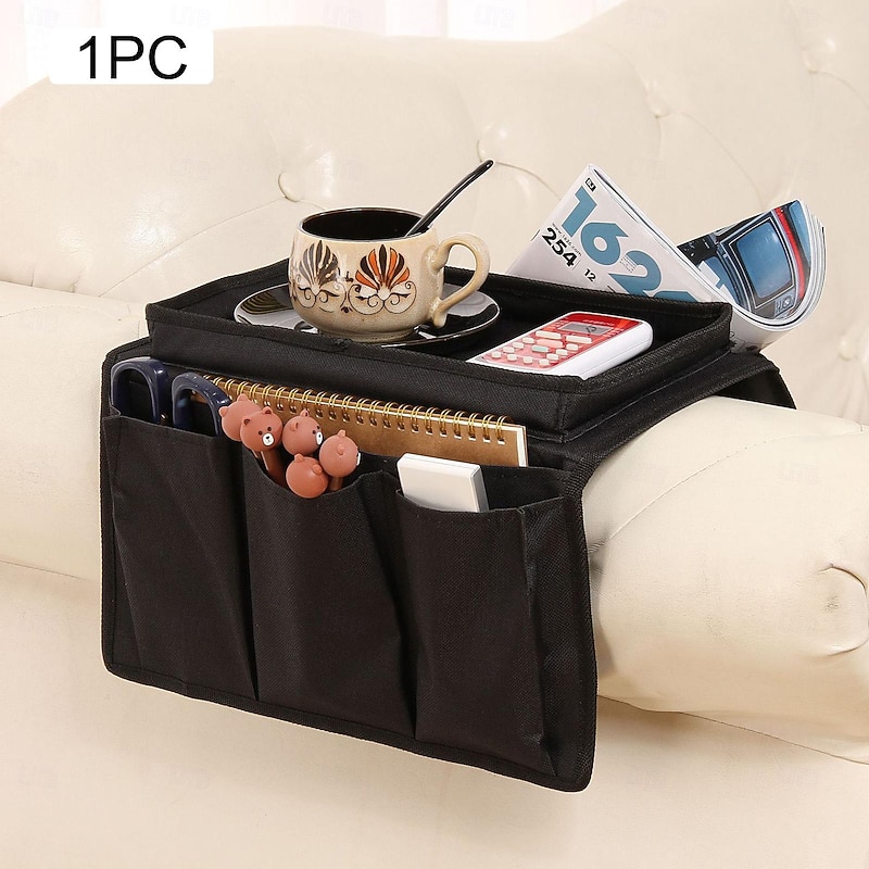 Armrest Organizer with Cup Holder, Tray, and Remote Control Holder for Recliner Sofa Armrests - Fits Couch Armrests, Chair Arms, Bedside - Storage Pouch for Phone, Tablet, Books, Magazines, Drink Holder4