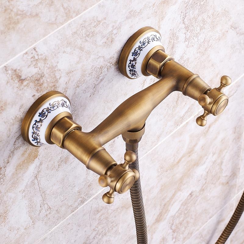 Shower Faucet Set - Handshower Included Vintage Style Antique Brass Mount Outside Brass Valve Bath Shower Mixer Taps4
