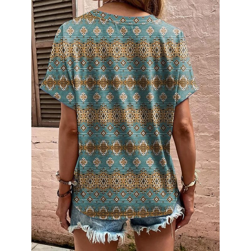Women's T Shirt Bohemian Blouse Geometric Floral Print V-Neck Short Sleeve Lightweight Fabric Spring Summer Casual Comfort Front Button Detail Versatile Sizing Green2