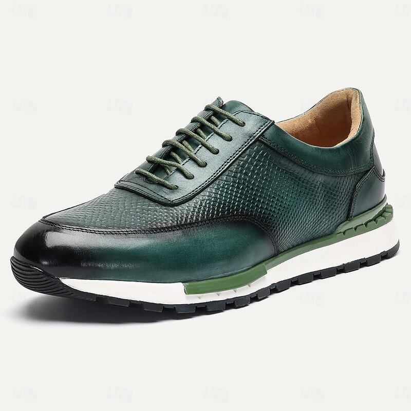 Men's Dress Sneakers Leather Italian Full-Grain Cowhide Slip Resistant Lace-up Dark Green3