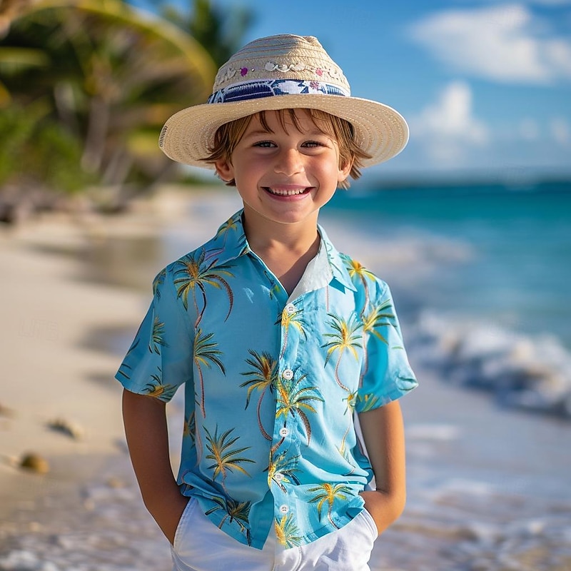 Boys 3D Graphic Leaf Tree Shirts Blue Short Sleeve 3D Print Summer Vacation Tropical Daily Kids 3-12 Years Lapel Outdoor Casual Daily Tailored Fit