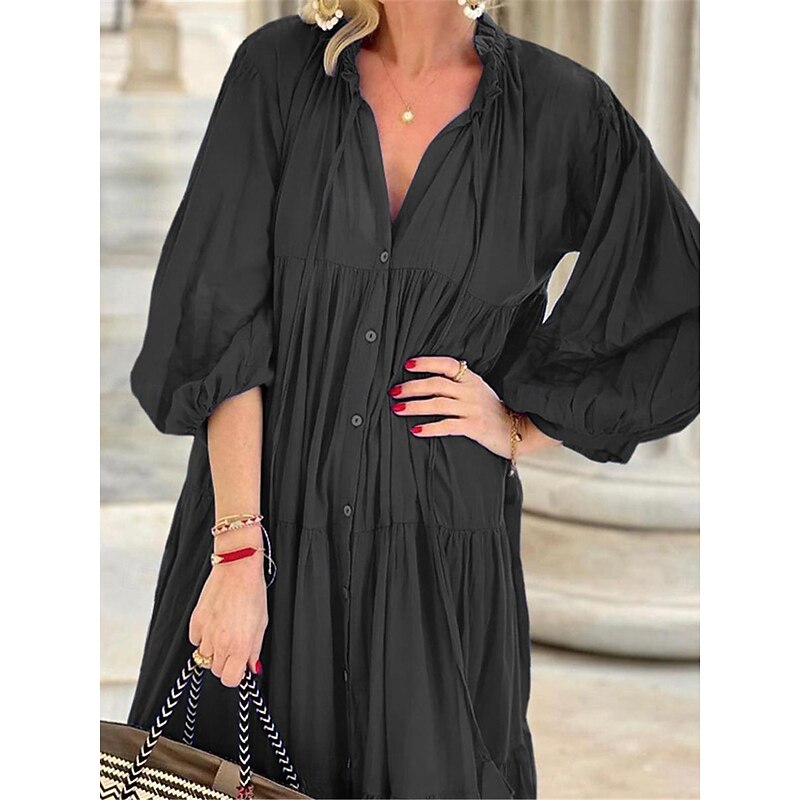 Women's Black Blue Summer Spring Maxi Dress Cotton Linen Dresses Black Dress Shirt Dress Bohemia Daily Weekend Loose Fit Plain Shirt Collar4