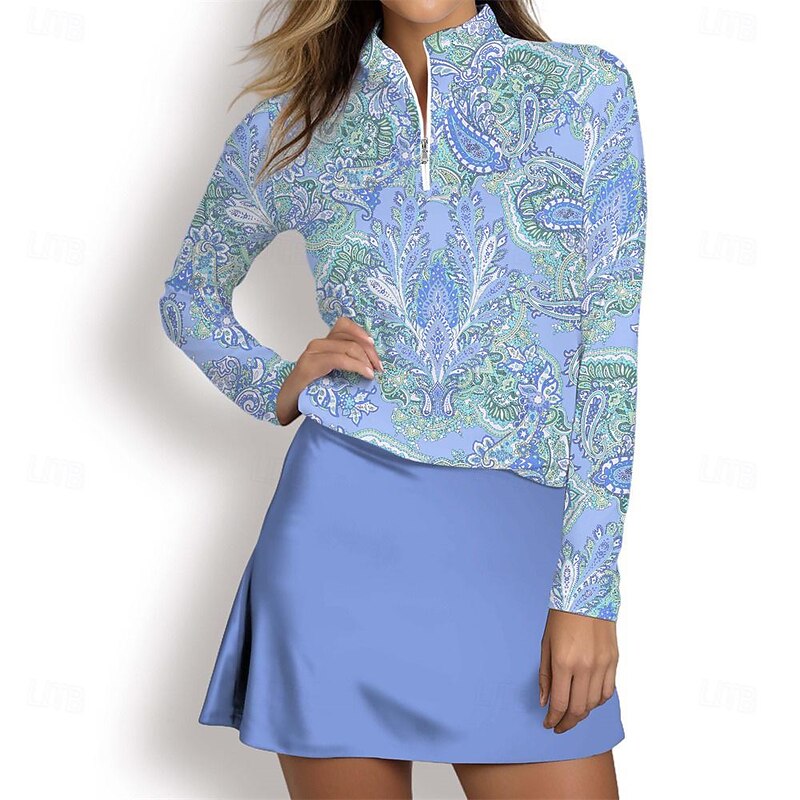 Women's Golf Polo Shirt Lake blue White Pink Long Sleeve Sun Protection Top Paisley Fall Winter Ladies Golf Attire Clothes Outfits Wear Apparel2