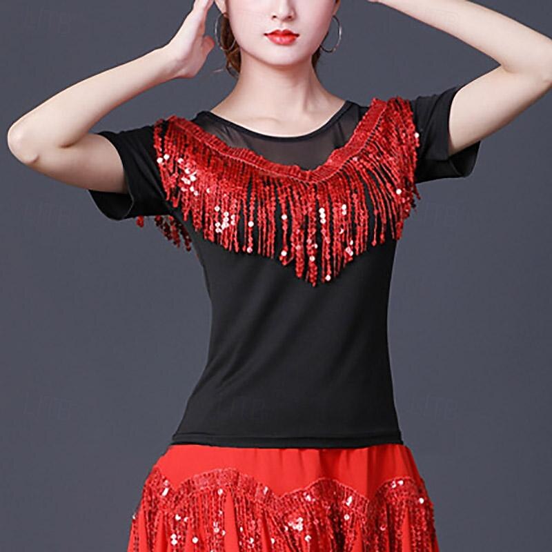 Latin Dance Ballroom Dance Top Tassel Pure Color Splicing Women's Performance Training Short Sleeve High Polyester2