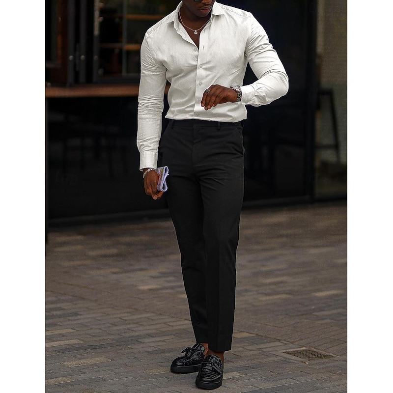 Men's Dress Shirt Homecoming Regular Fit Long Sleeve Lapel Solid Color Cotton Cotton Blend Black White 20252