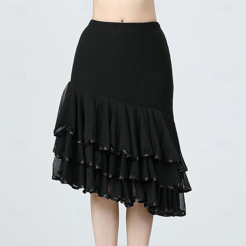Latin Dance Ballroom Dance Skirts Ruffles Pure Color Splicing Women's Performance Training High Polyester Tulle4