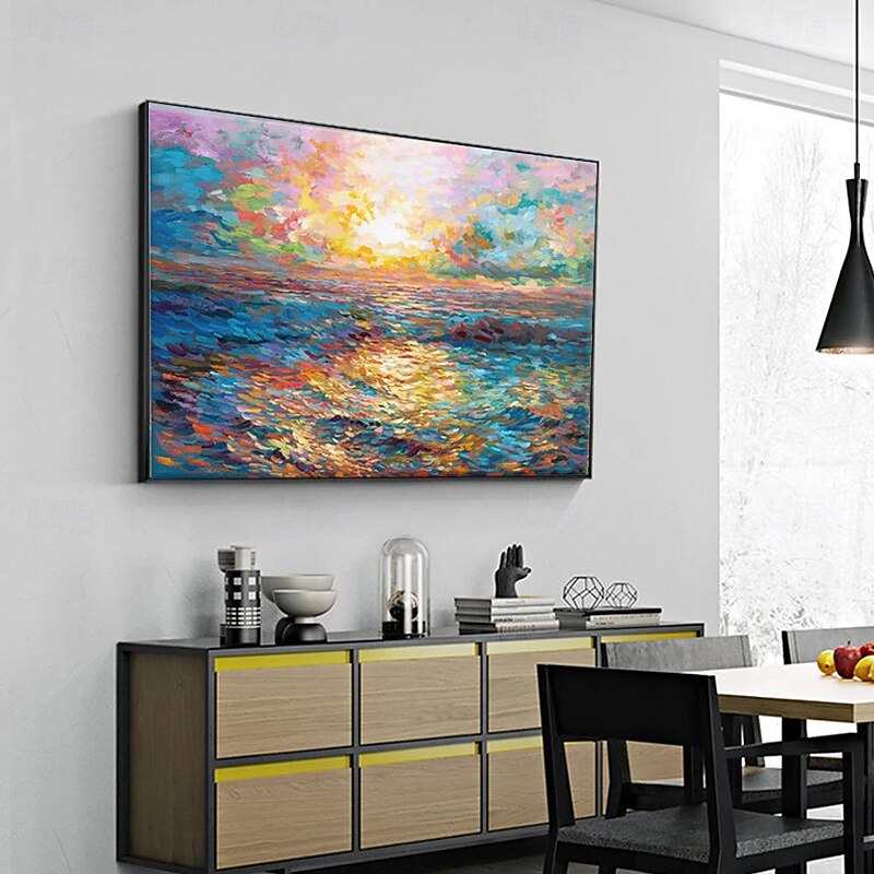 Handmade Oil Painting Canvas Wall Art Decoration Contemporary Impression Golden Sunrise Over the Sea Landscape for Home Decor Rolled Frameless Unstretched Painting3