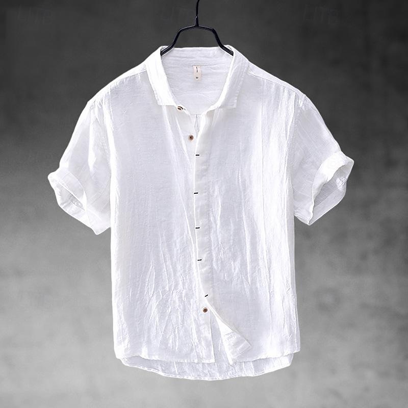 Men's Shirt White Cotton Shirt Casual Shirt Cotton Linen Shirt Plain Vacation Street White Khaki Gray Light Blue Short Sleeve Turndown Summer Clothing Apparel Button-Down