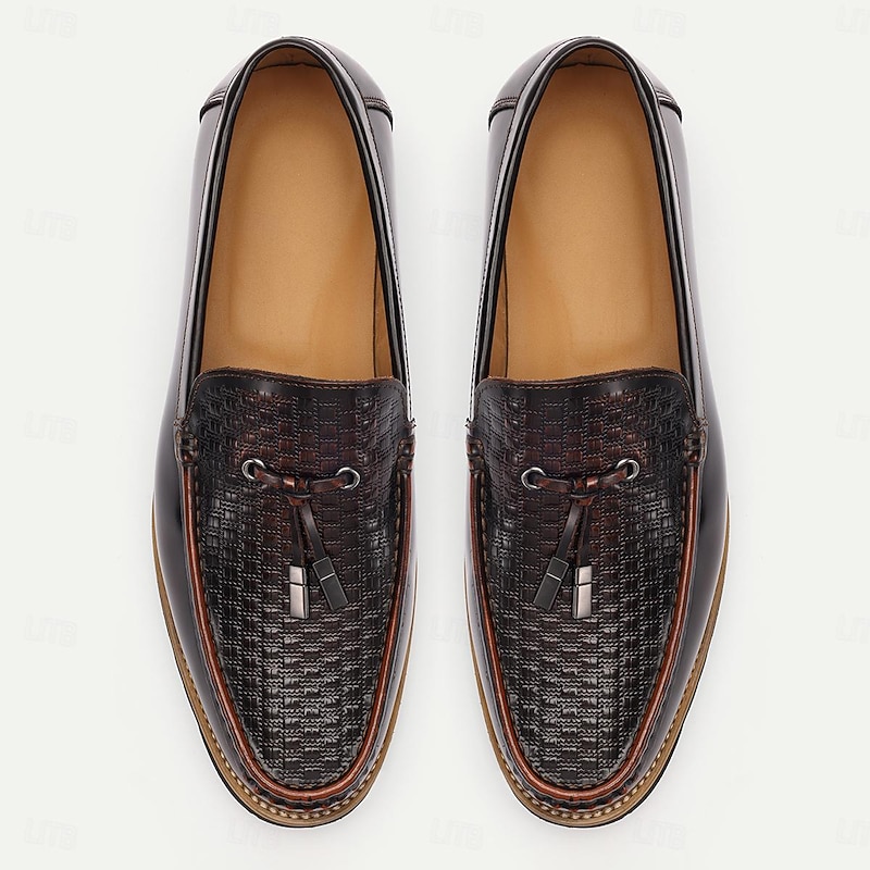 Men's Loafers Vintage Brown Leather Tassel Textured Pattern4