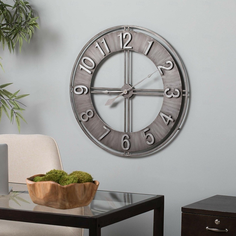 Wall Clock Becka Gray Silver 60CM Wall Clock Modern Silent Clockwork Industrial Wall Clock Round Wall Clock Metal Industrial Iron Vintage French Provincial Antique4