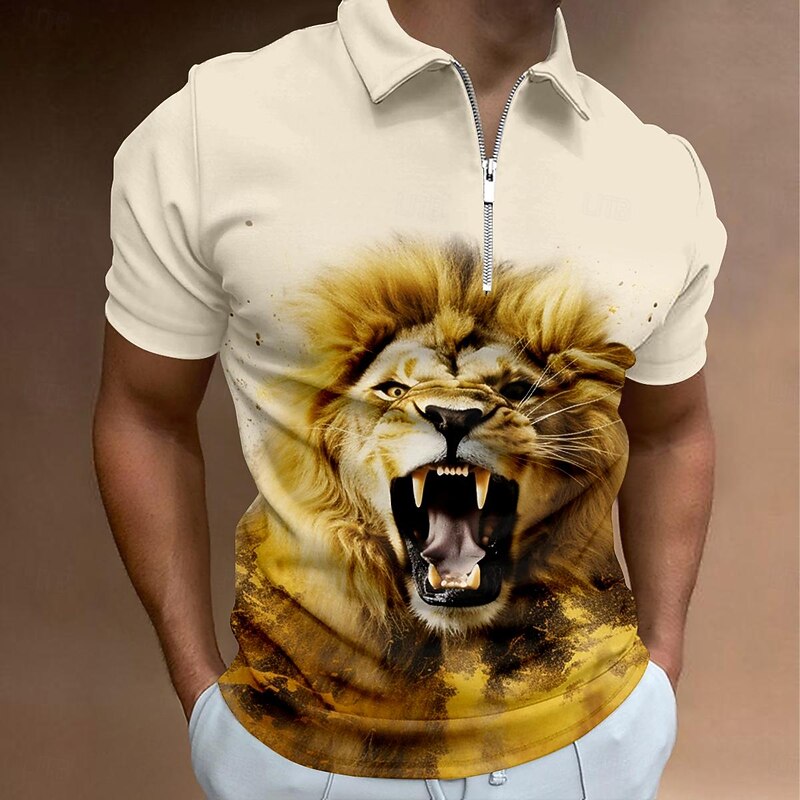 Men's Lion Zip Polo Shirts Golf Shirt Short Sleeve Polo Shirts Collared Shirts Casual Funny Streetwear Vacation Wear Party Outfits 3D Print Quarter Zip Polo Summer Light Yellow